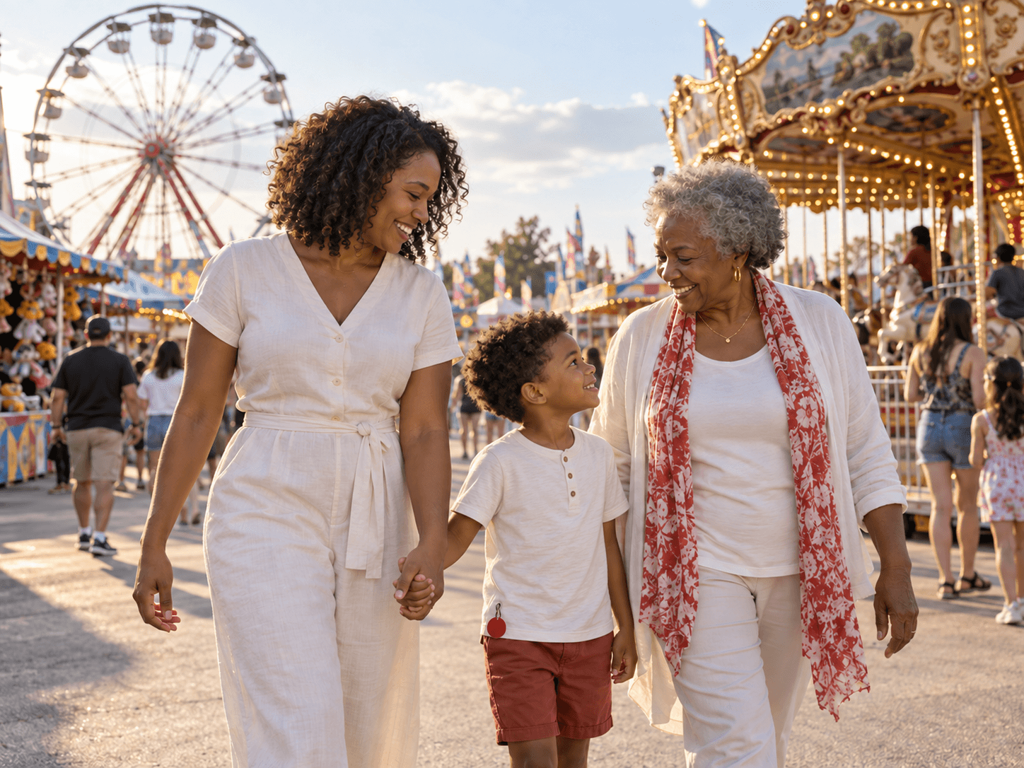 AI-generated illustration of a family at a fair with rides