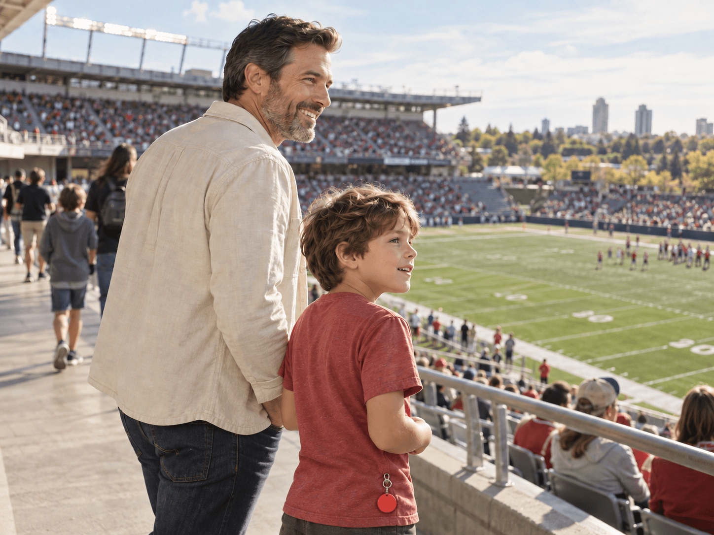 AI-generated illustration of a father and son at a football stadium