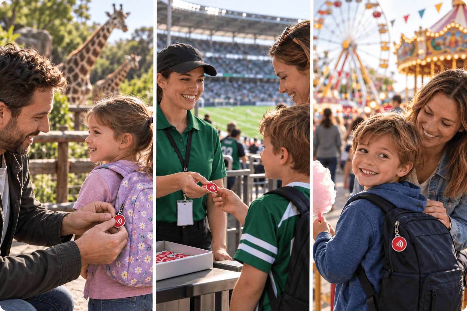 Illustration: a parent attaching a KinTag to a backpack at a zoo, a staff member handing one to a family at a stadium gate, and a family at a fair