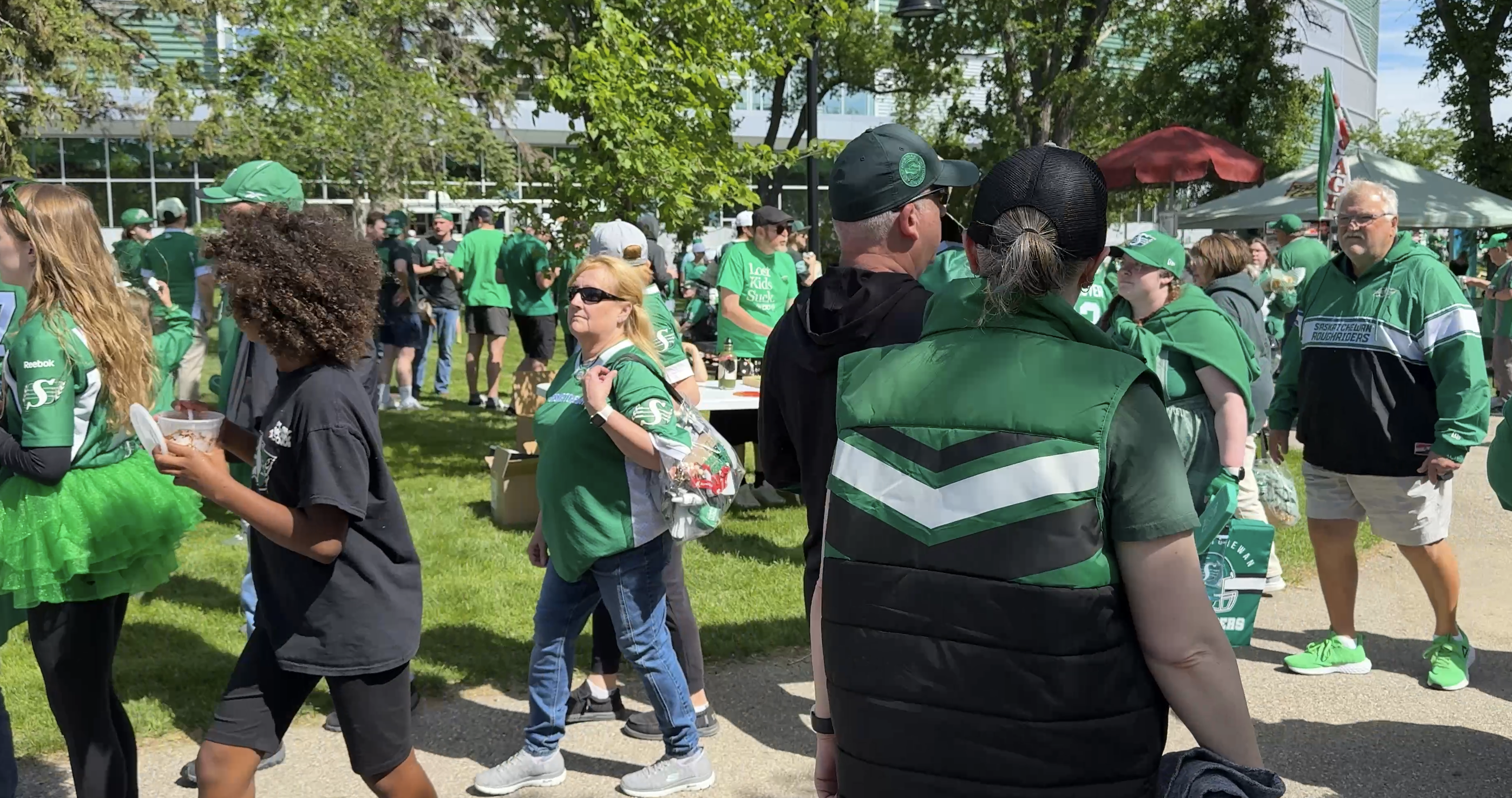People at a Saskatchewan Roughriders home game at Mosaic Stadium