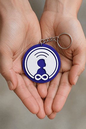 A parent holding a KinTag